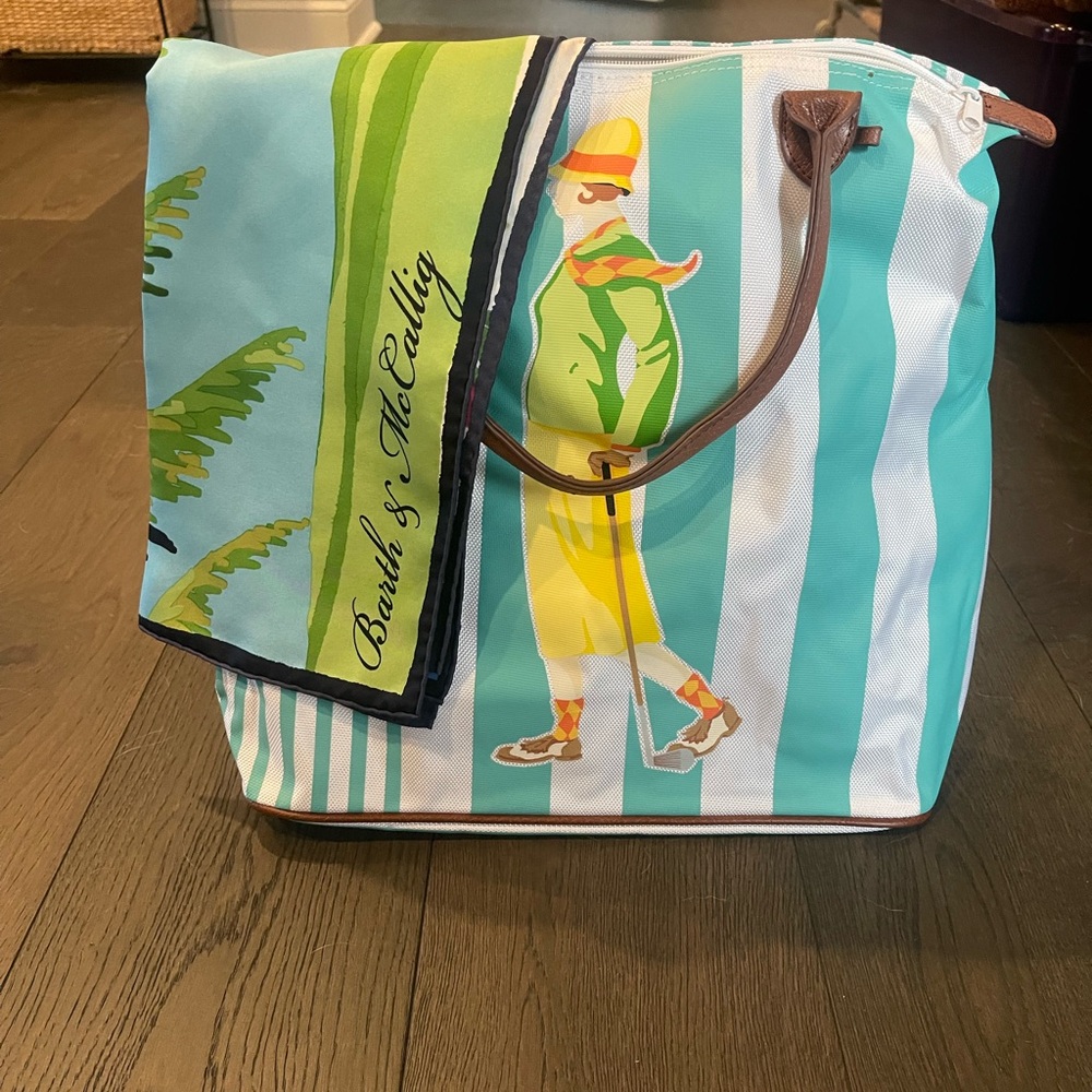 Stylish Turquoise and White Tote Bag with golf themed scarf